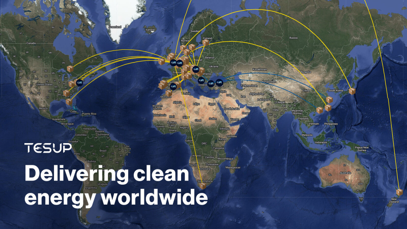 Een wereldkaart van Wekraft-zendingen, met leverroutes van Europa naar elk continent