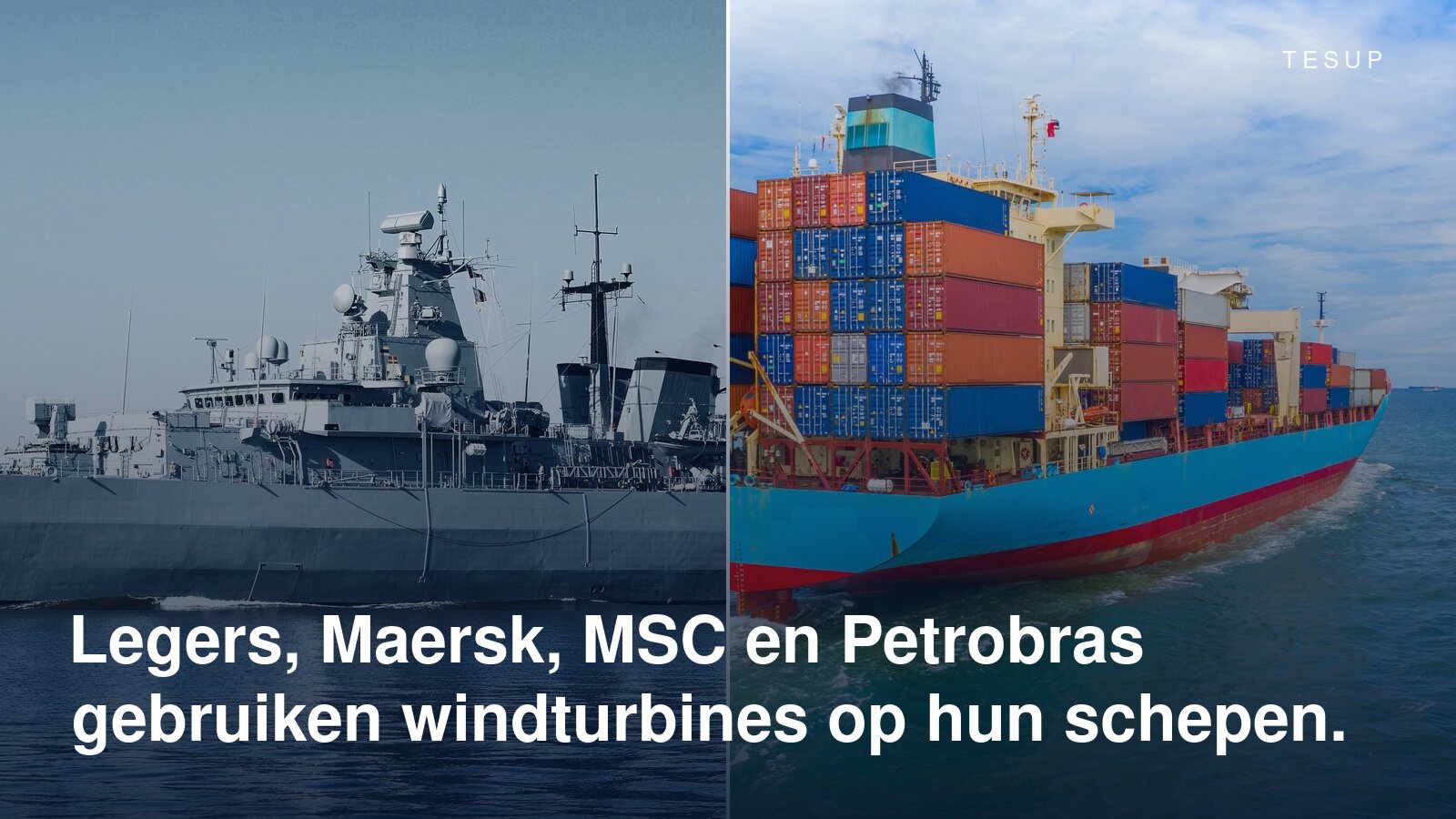 Een marineoorlogsschip en een geladen containerschip op zee
