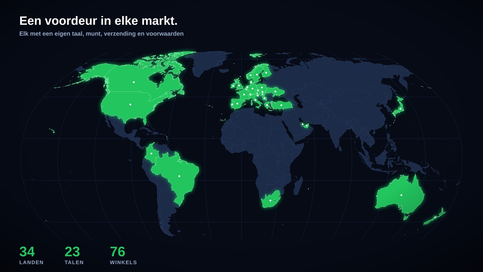 Wereldkaart met de 34 landen die een eigen Wekraft-winkel hebben in hun eigen taal en valuta