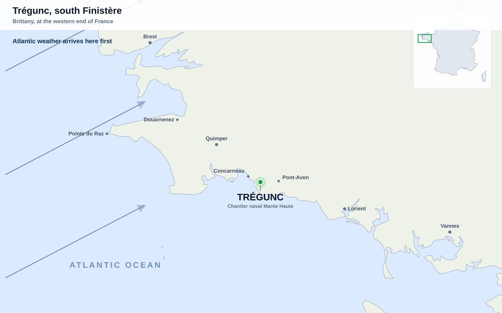 Map of the south Finistere coast showing Tregunc between Concarneau and Pont-Aven, with Brest, Quimper and Lorient for reference and the open Atlantic to the south-west