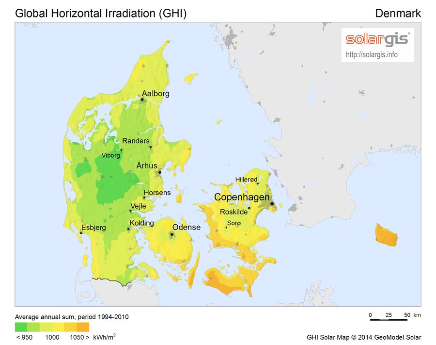 Solar resource map — Danmark