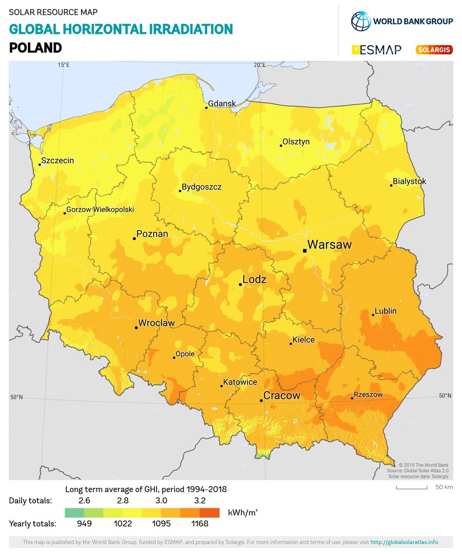 Solar resource map — Polska